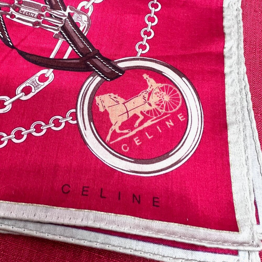 New- Celine Paris Mini Scarf/  Handkerchief  cotton 19.5 " Red Brown Gold (87) - Picture 7 of 8